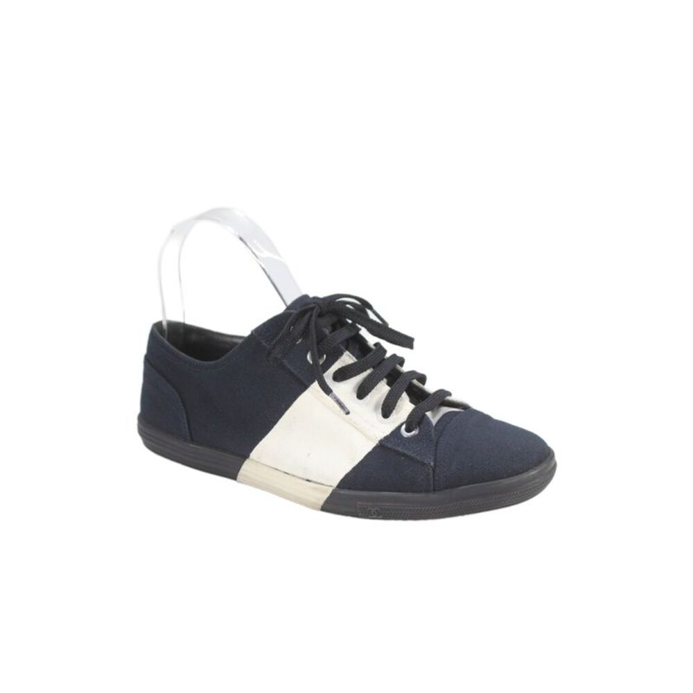 Chanel Womens Low Top Sneakers White Navy Blue White Size 37.5 7.5